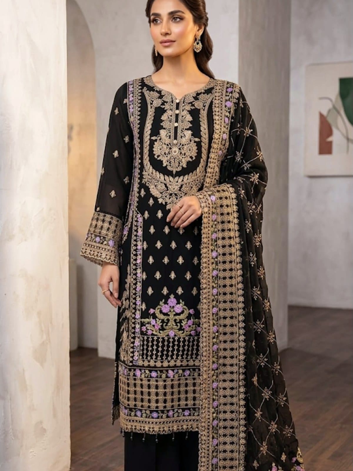 Shafoon 3D Embroidery Long Shirt with Flapper