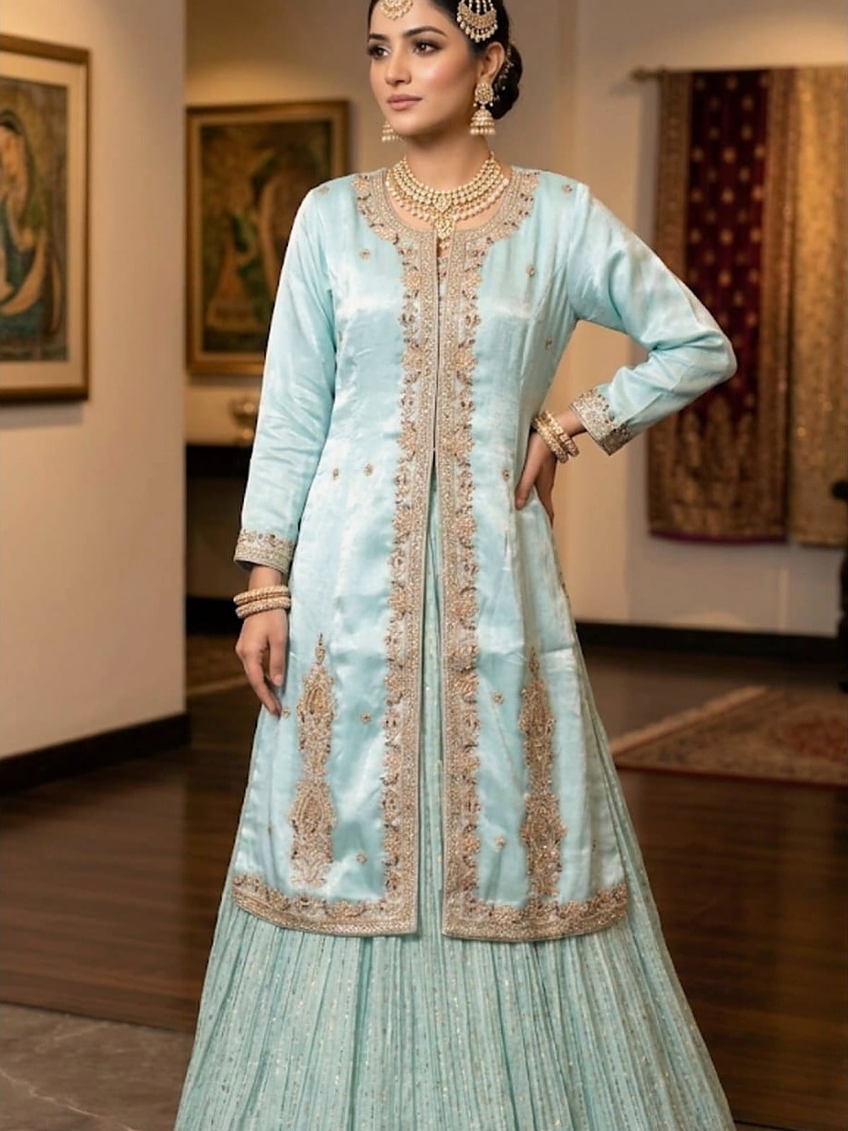 Sheesha Silk Hand Made Open Shirt with Crush Lehnga